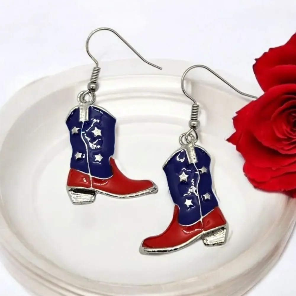 Cowboy Boot Earrings Red Blue Patriotic Cowgirl Americana Jewelry Western Dangle